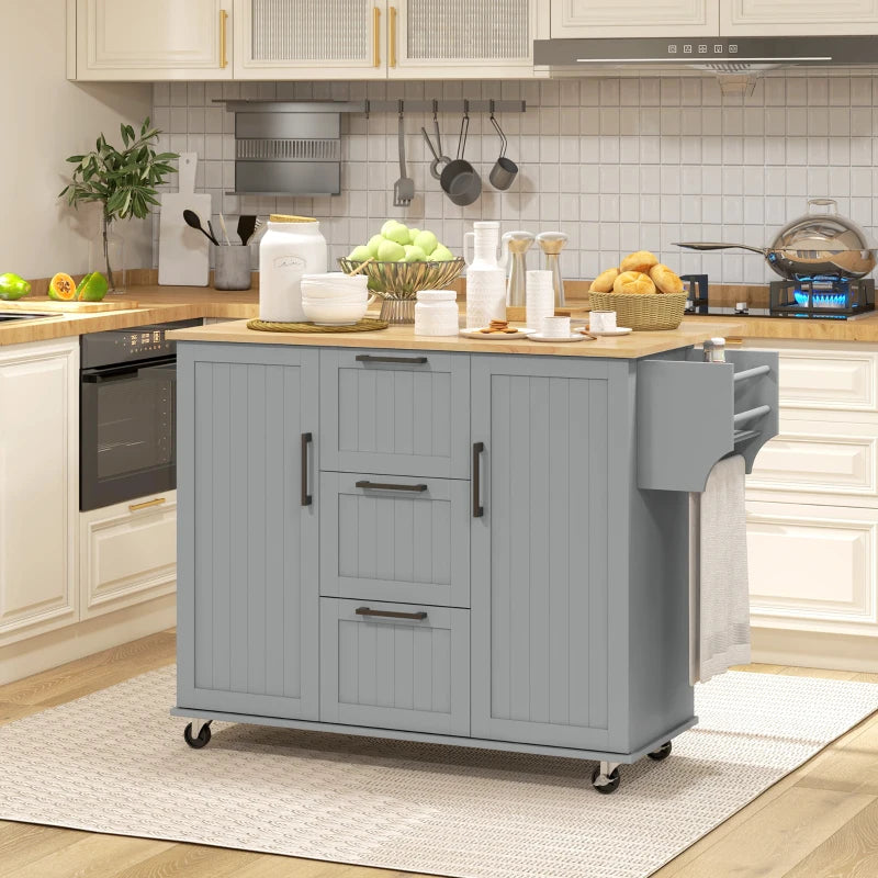 Rolling Kitchen Cart on Wheels with Drop Leaf, Kitchen Island with 3 Drawers, Solid Wood Top and Towel Rack, Grey
