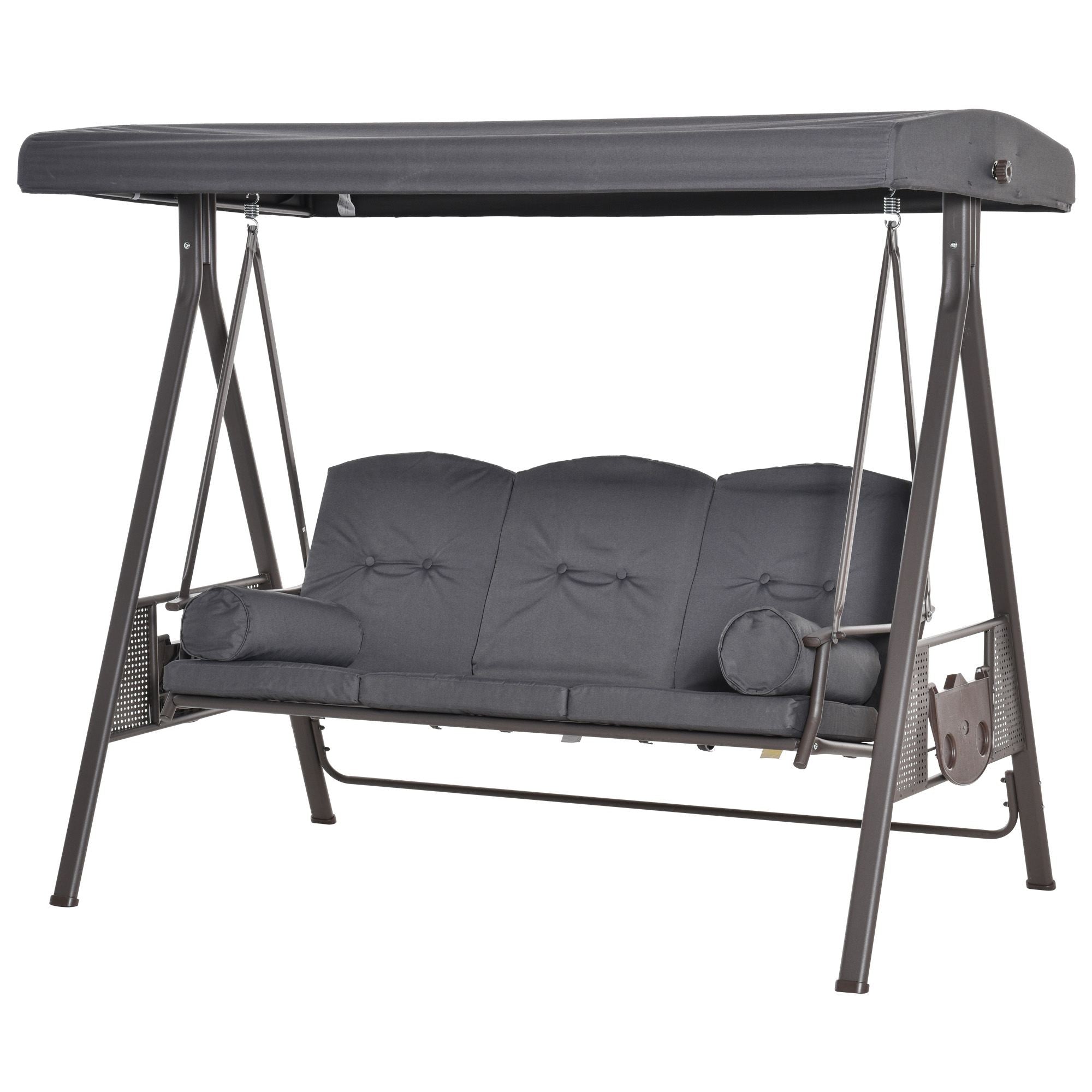Outsunny Outdoor Patio 3-Person Steel Canopy Cushioned Seat Bench Swing with Included Side Trays & Padded Comfort, Dark Grey 