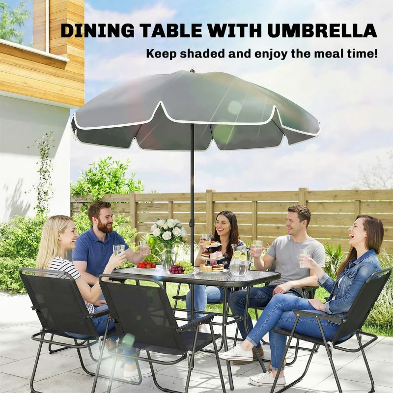 8 Piece Patio Table and Chairs Set with Folding Chairs, Tempered Glass Tabletop and Umbrella for Garden, Black