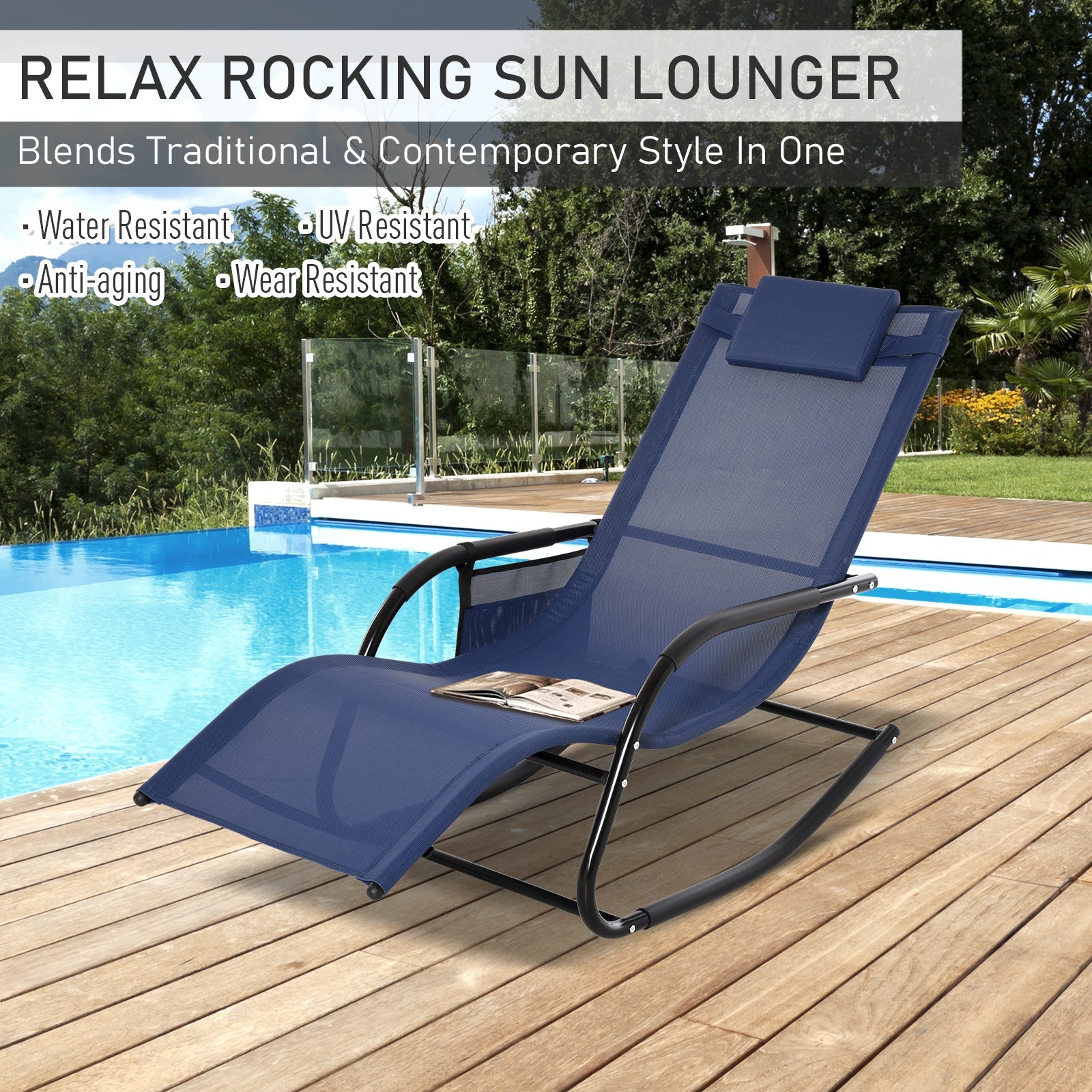 Outsunny Outdoor Rocking Recliner, Sling Sun Lounger with Removable Headrest and Side Pocket for Garden, Patio and Deck, Blue 