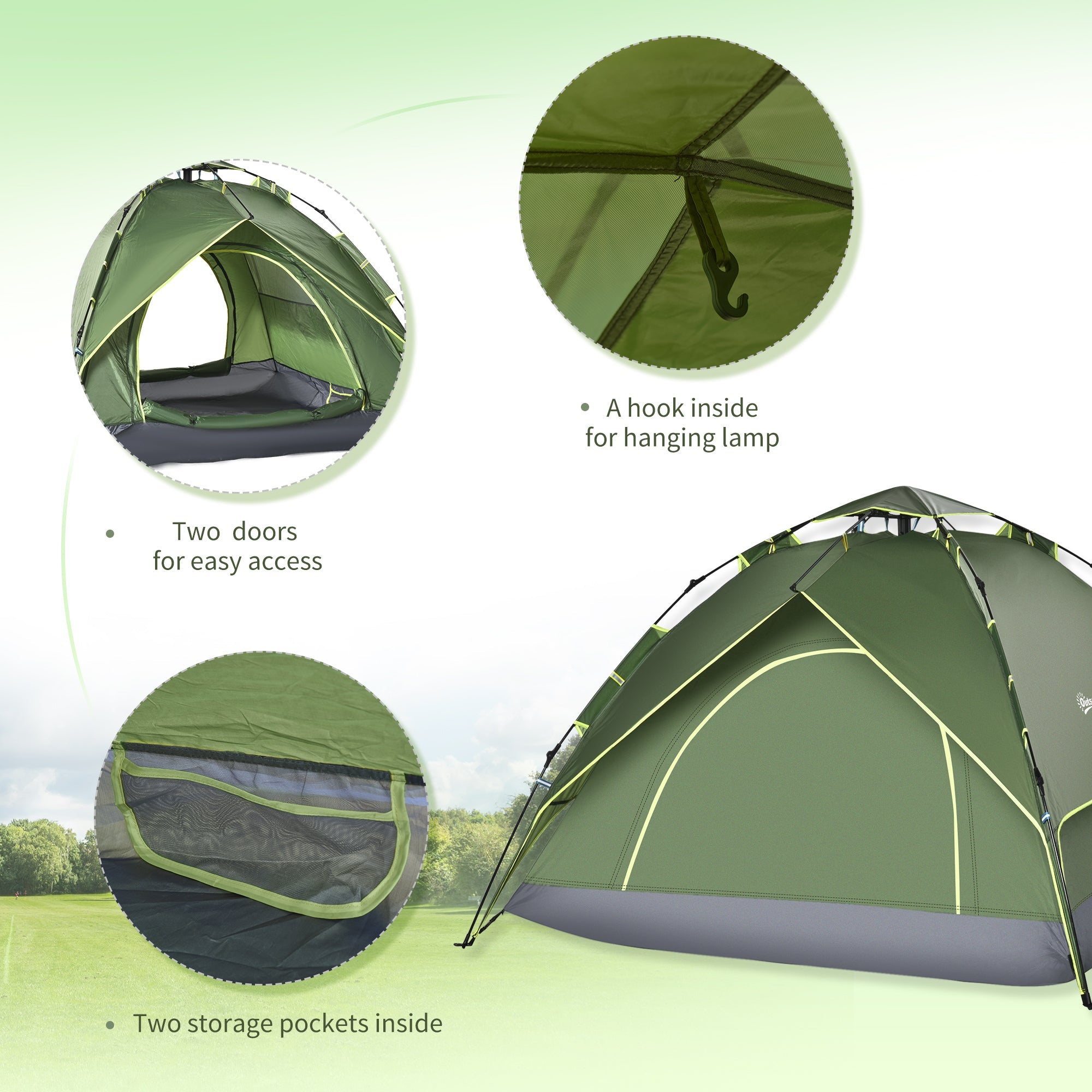 Outsunny Camping Tent, 3 Person Family Tent, 1000mm Waterproof, with Sewn-in Groundsheet and Carry Bag,  for Fishing, Dark Green 