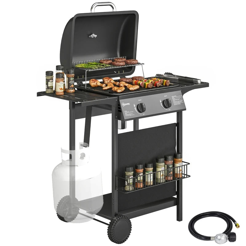 Outsunny 2-Burner Propane Gas Grill, 18000 BTU BBQ Grill with Wheels, Warming Rack, Shelf, Thermometer, Grease Cup, Black
