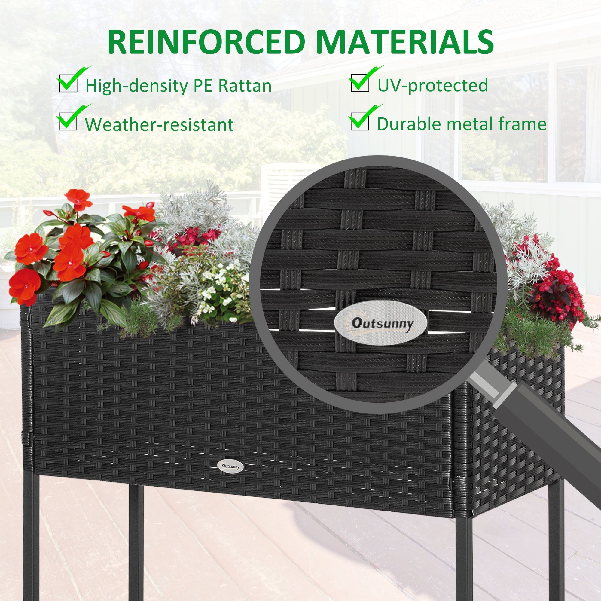 Outsunny Rattan Raised Garden Boxes, Elevated Flower Beds with Storage Shelf for Herbs, Flowers, Vegetables, Black 