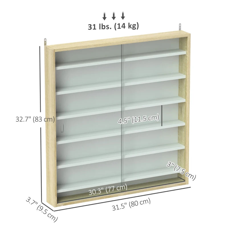 7-Tier Display Cabinet, Shot Glass Display Case, Glass Curio Cabinet with 2 Glass Doors, Oak and White