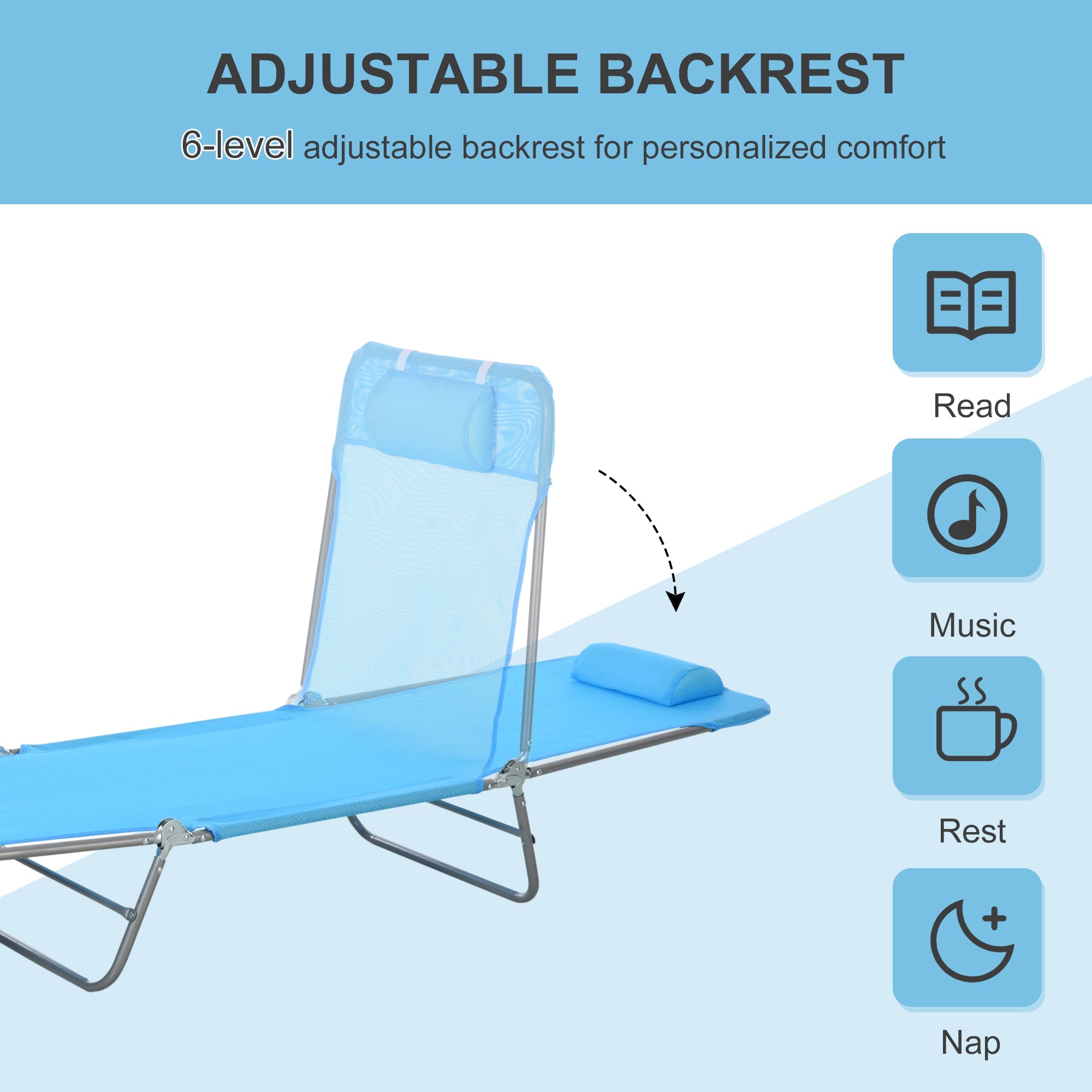 Outsunny Serene Serenity: Folding Reclining Chair, Portable Garden Chaise Lounge with Pillow for Outdoor Camping, Beach, Blue Finish 