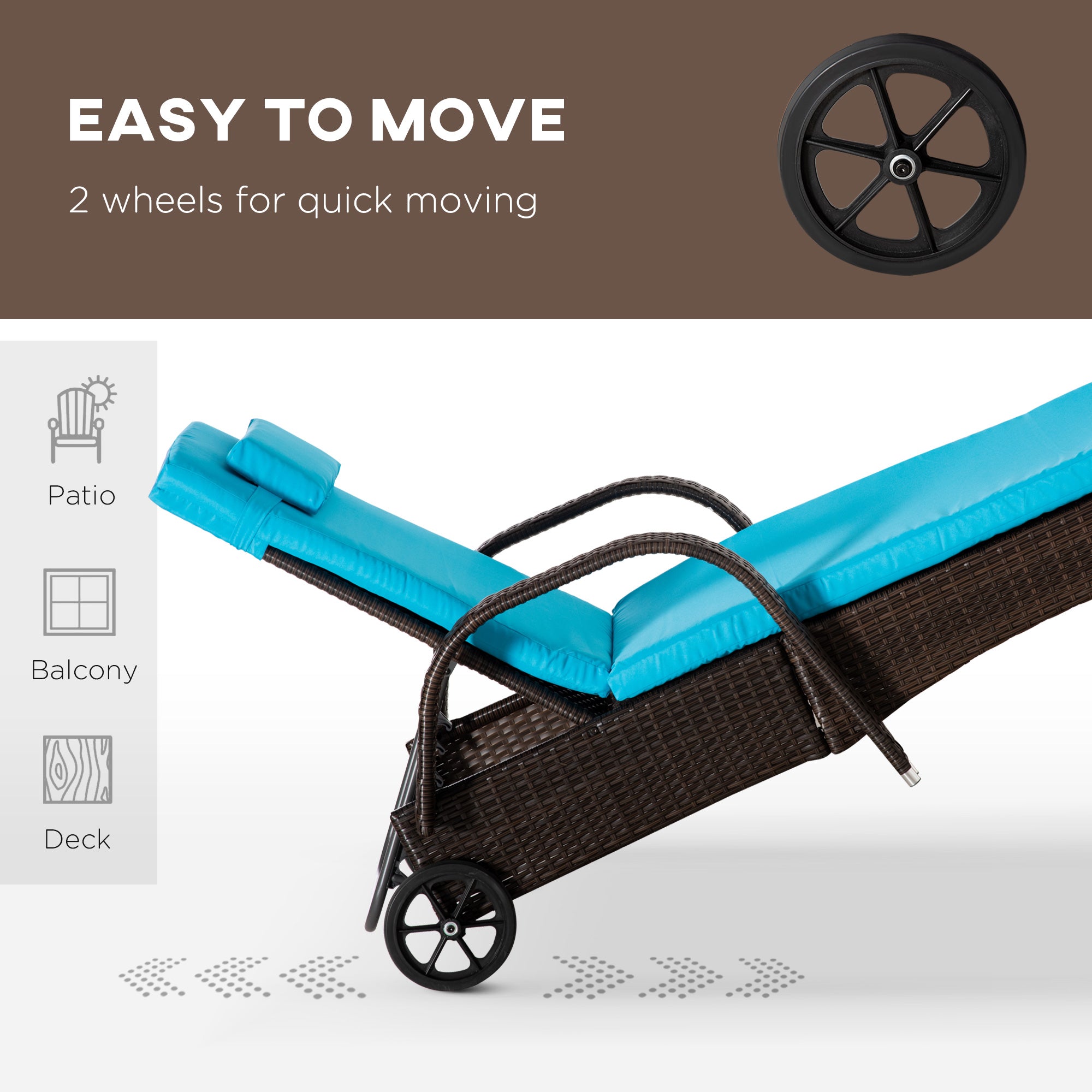 Outsunny 3 Pieces Patio Rattan Lounge Set Wheeled Wicker Chaise Lounge Chair Set Outdoor Reclining Lounger Adjustable Brown Blue 