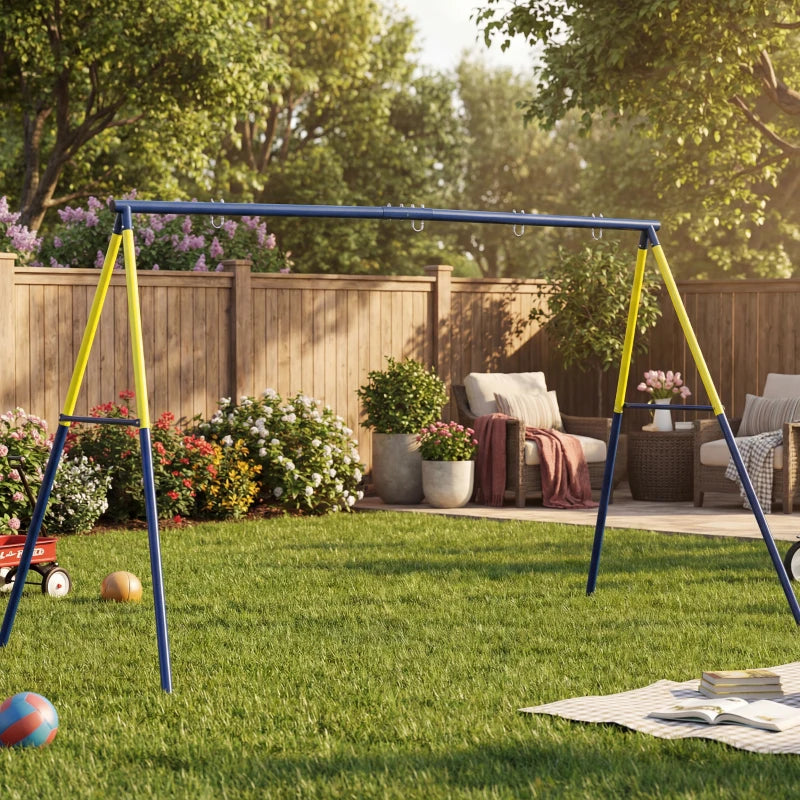 Qaba Kids Swing Set, Heavy Duty Metal 2 Seat Swing Stand Set with Ground Stakes, Supports 150 , Indoor Outdoor, Blue