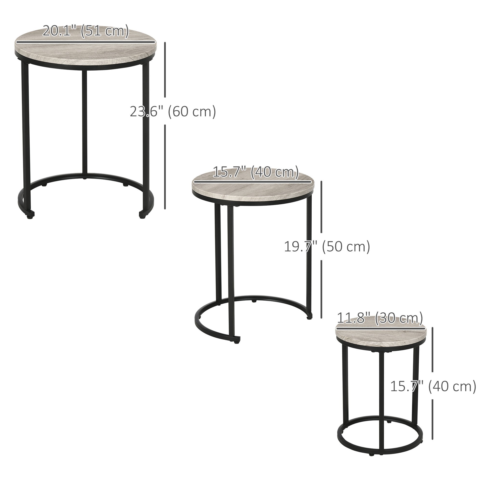 HOMCOM Trendy Nested Coffee Tables: Set of 3 Stacking Side Tables with Woodgrain Steel Frame for Living Room, Chic Grey 