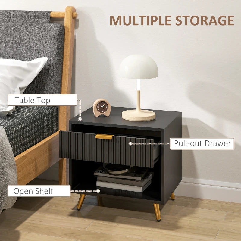 Nightstand with Fluted Panel, Bedside Table with Drawer and Open Compartment, Modern Night Table for Bedroom, Black