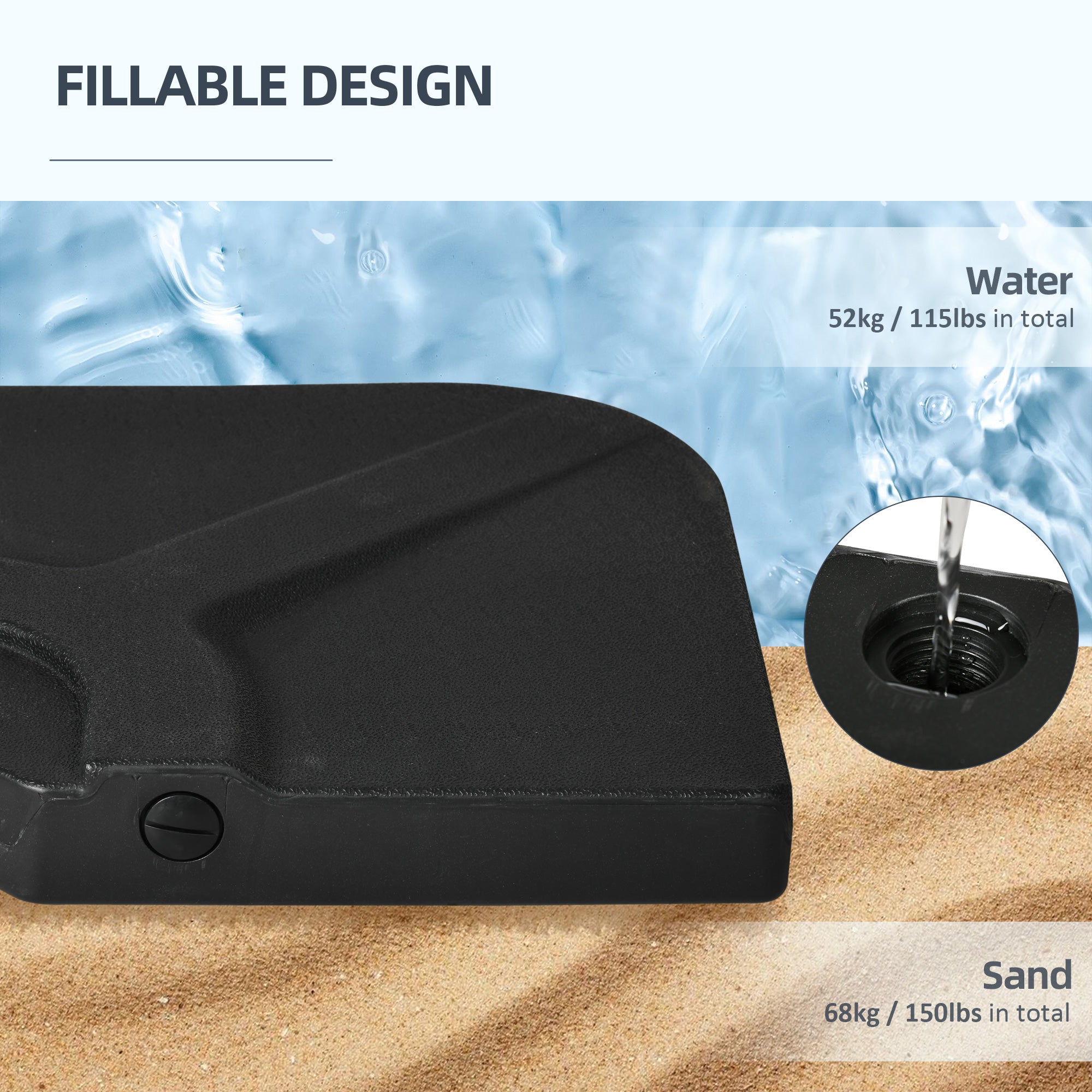 Outsunny Patio Umbrella Base Weights 4 Pieces HDPE Water Sand Filled for Cross Base Stand Black 