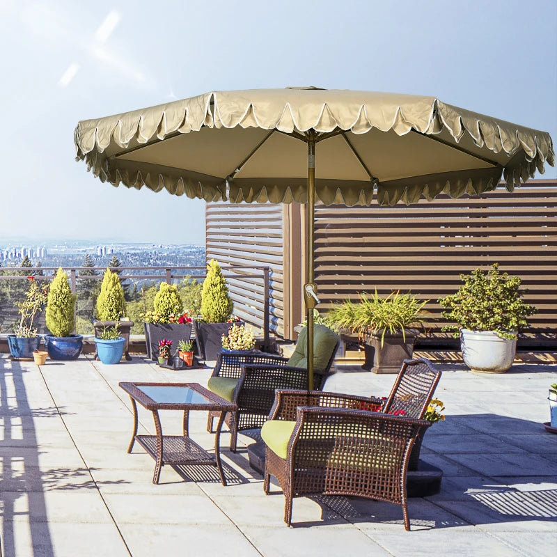 9 ft Patio Umbrella with Push Button Tilt and Crank, Double-ruffled Outdoor Market Table Umbrella Parasoll, Khaki
