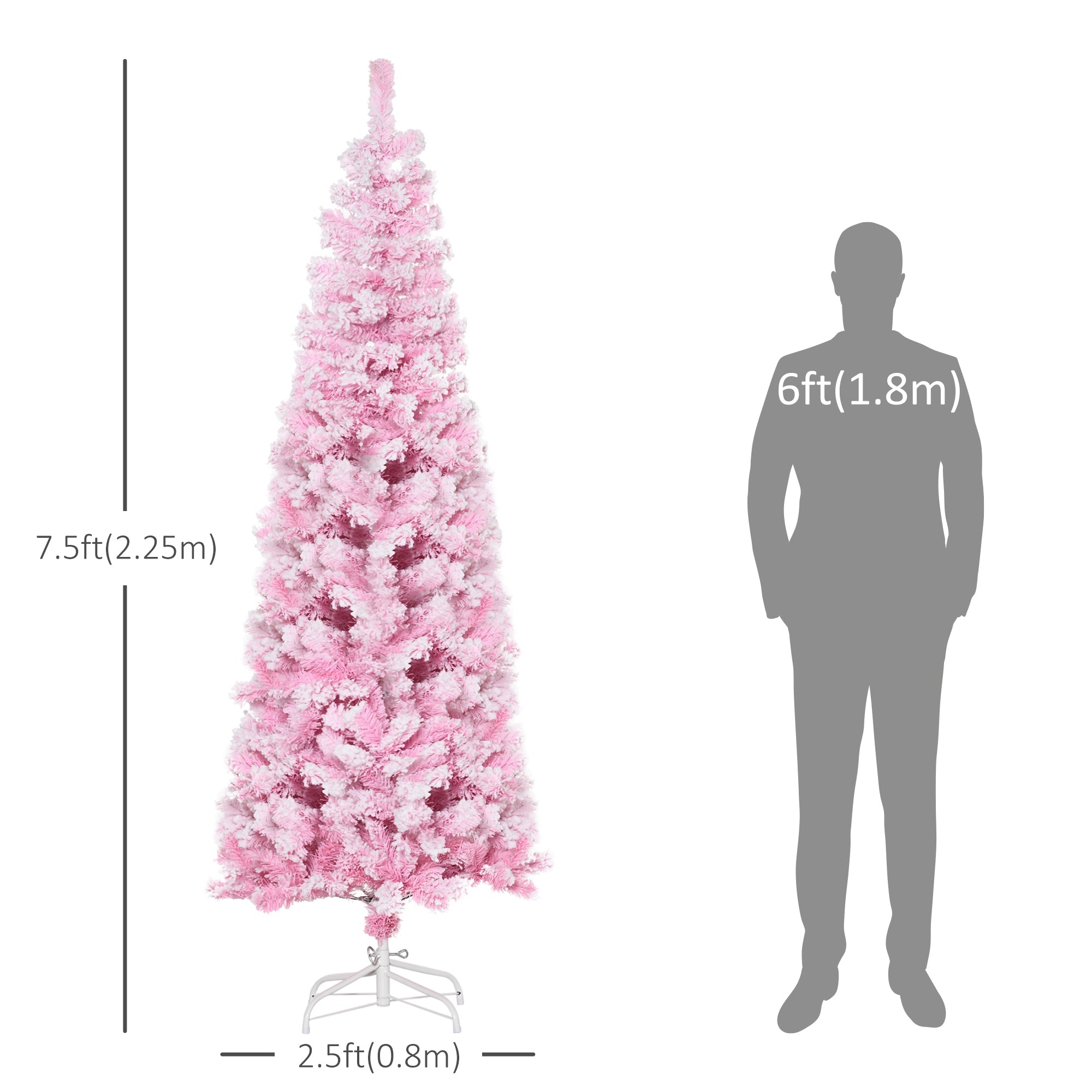 HOMCOM 7.5 Foot Snow Flocked Artificial Christmas Tree Pencil Xmas Tree with 800 Realistic Branches, Auto Open and Steel Base, Pink 