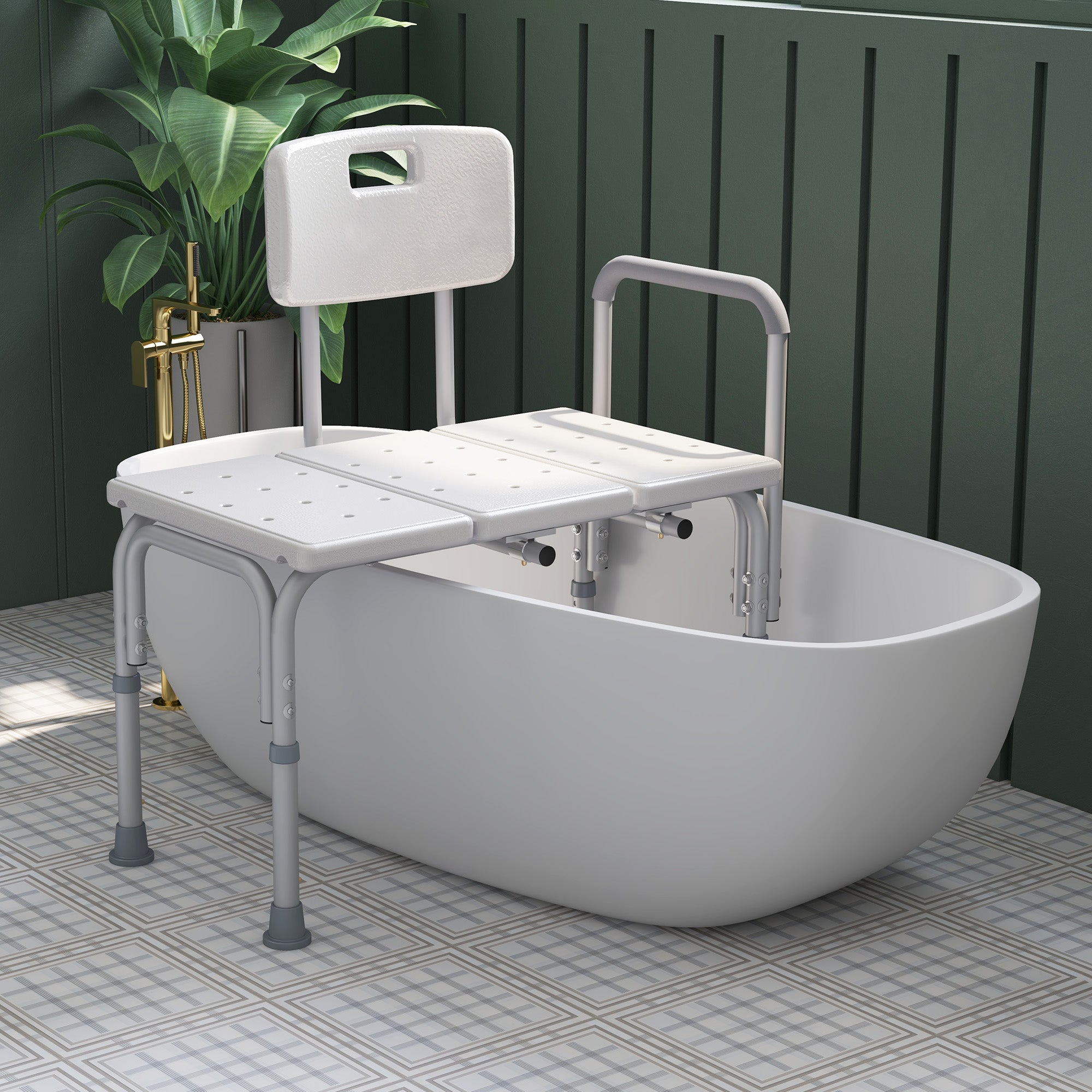 HOMCOM 6-Level Adjustable Bath and Shower Transfer Bench Aluminum Chair with Non-Slip Feet, Armrest & Backrest, White 
