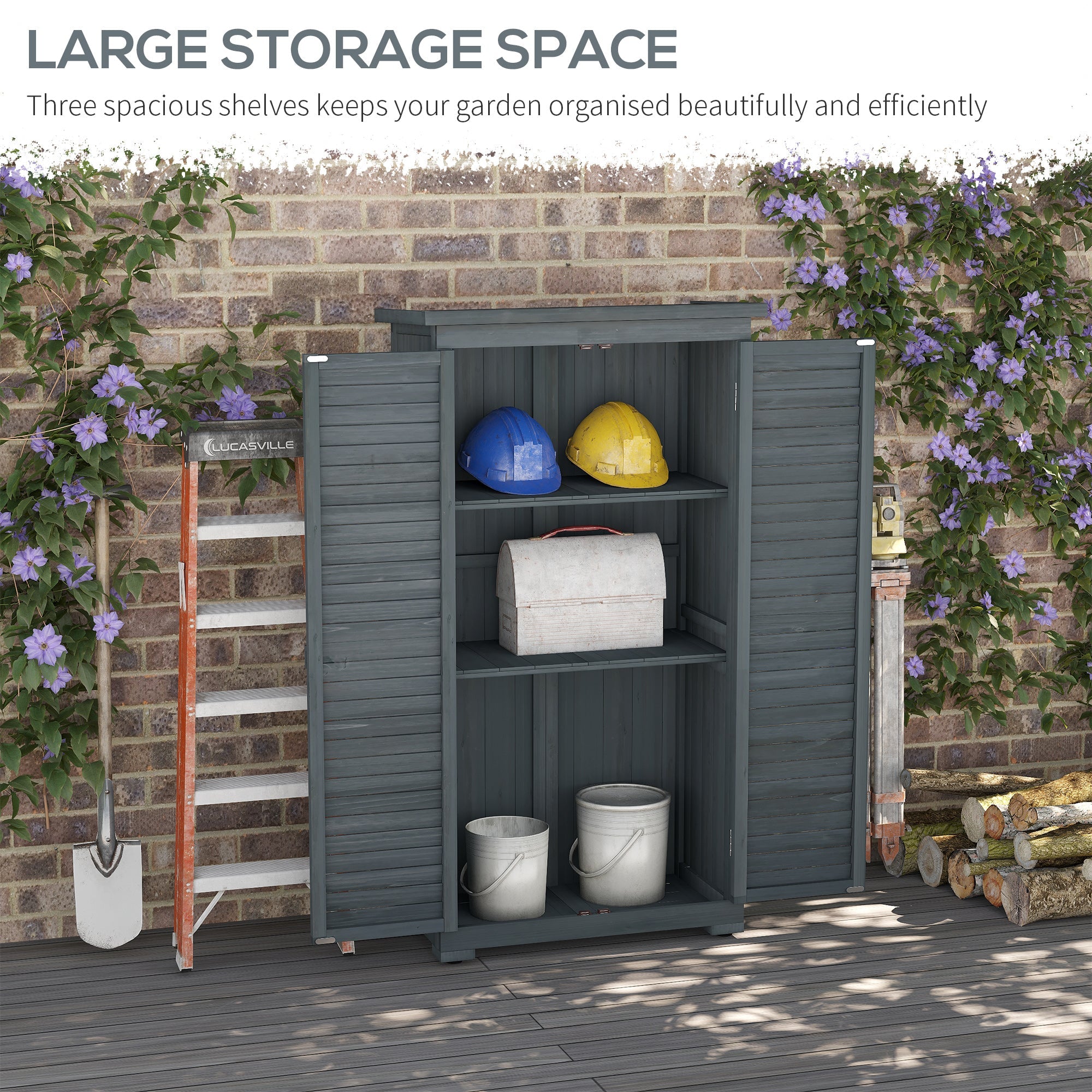 Outsunny Outdoor Garden Shed with 3-Tier Shelves & Asphalt Roof - Wooden Tool Storage Solution, Shutter Doors, 34.3"x18.3"x63", Grey 