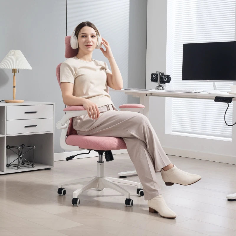 Office Chair, Mesh Computer Desk Chair with Adjustable Headrest, 4D Lumbar Support, Flip-up Arm, Pink