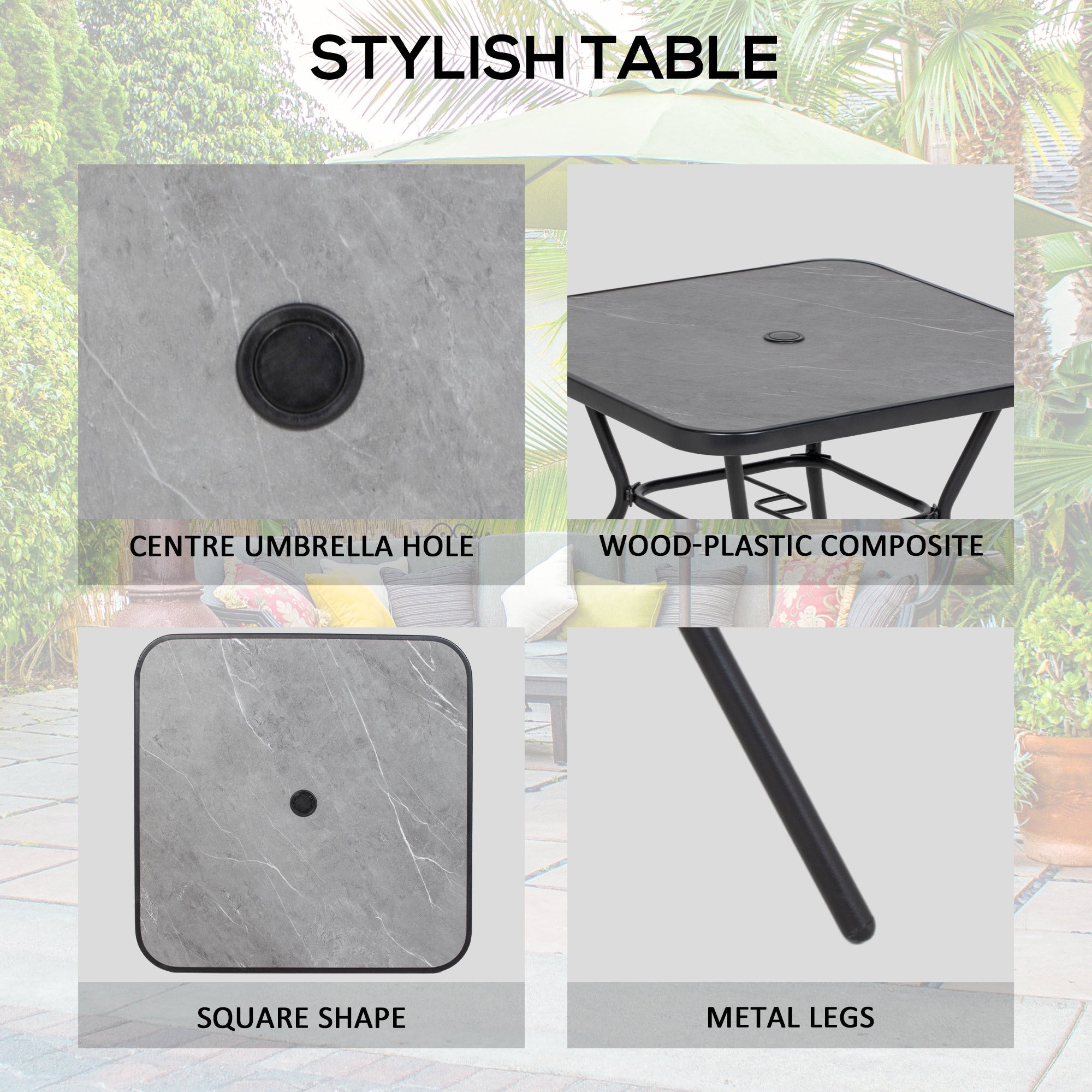 Outsunny 5-Piece Outdoor Dining Set Foldable Chairs Umbrella Hole Wood-plastic Table Mesh Seat Black 