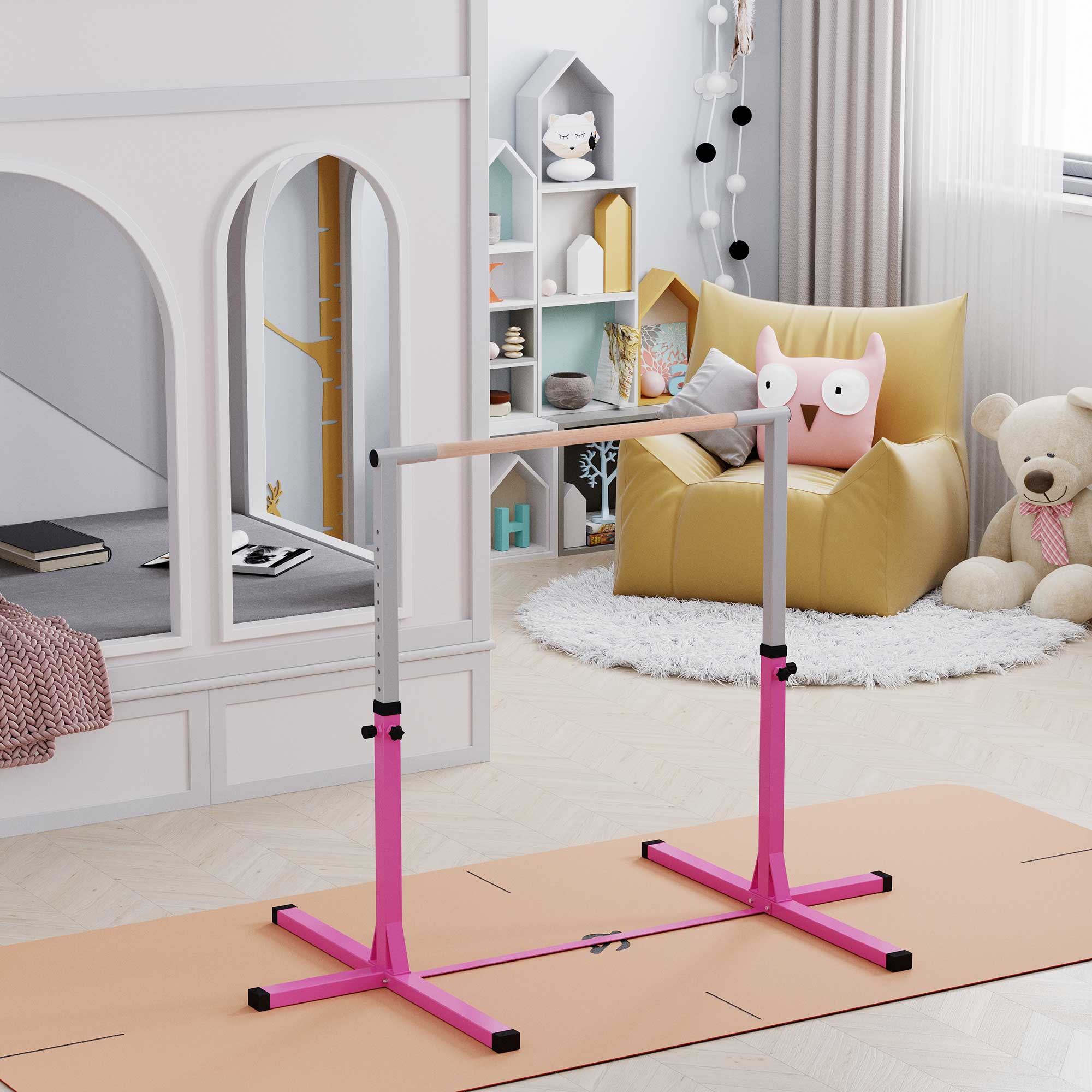 Soozier Professional Home Gymnastics Horizontal Bar for Kids Adjustable Home Gym Fitness w/ Steel Frame and Beechwood 