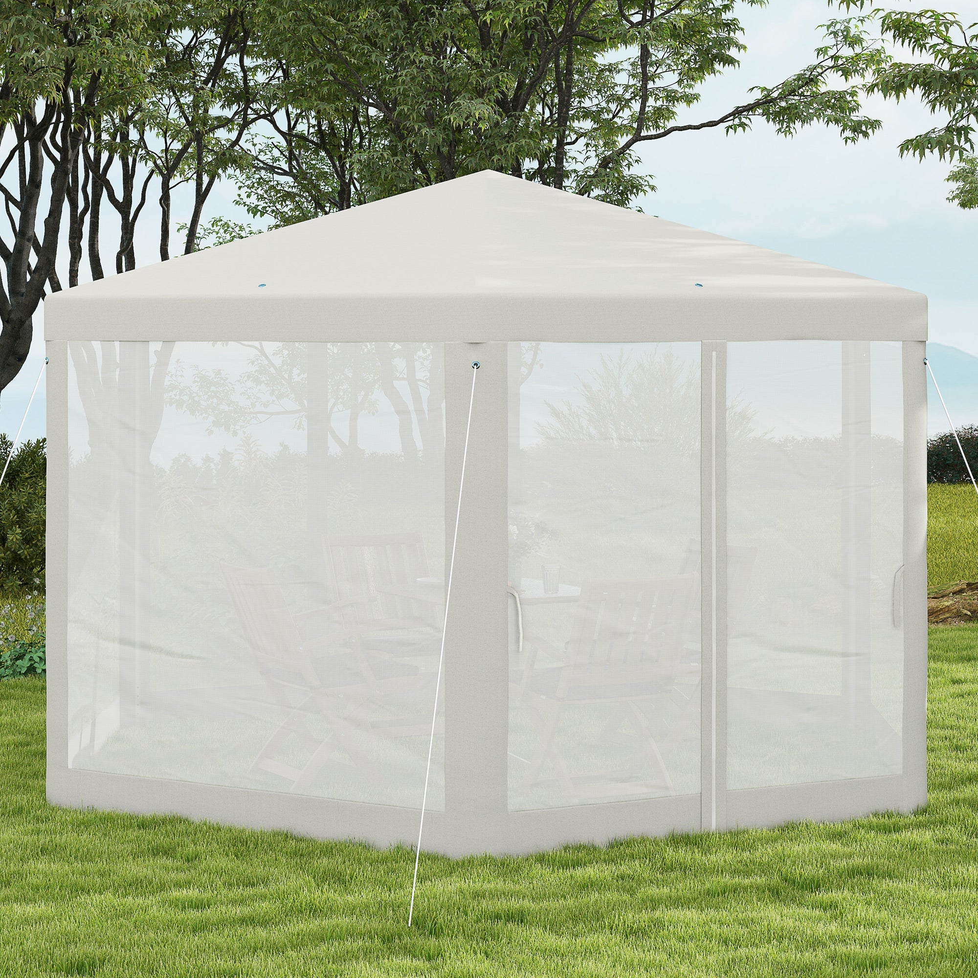 Outsunny Φ13' Hexagon Party Tent Patio Gazebo Outdoor Activity Event Canopy Quick Sun Shelter Pavilion with Netting Mesh Sidewall Cream White 
