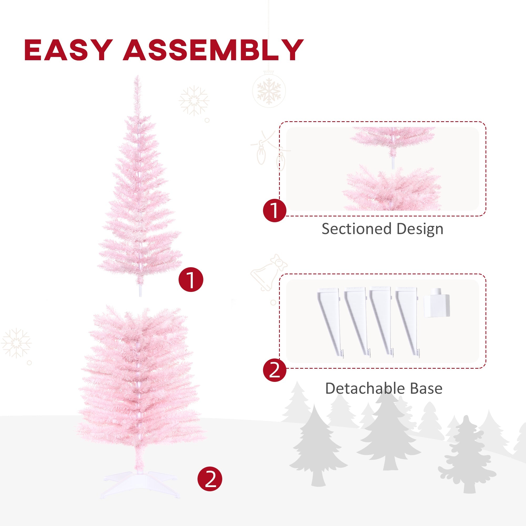 HOMCOM 5FT Artificial Christmas Tree, Pencil Christmas Tree with Realistic Branches, Stable Stand, Pink 