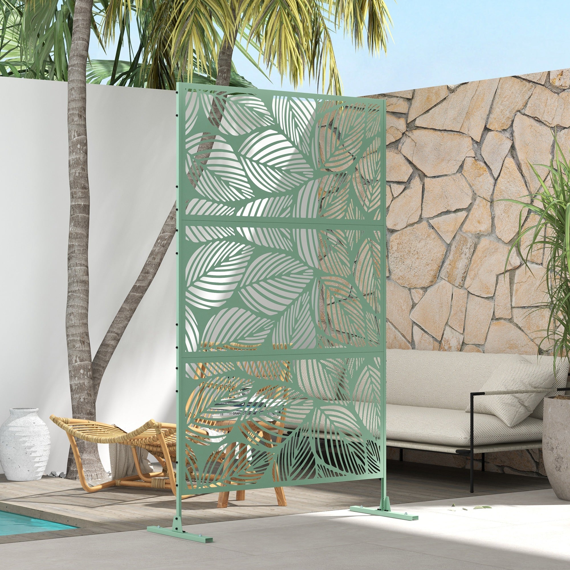 Outsunny 6.5FT Decorative Outdoor Divider, Metal Privacy Screen with Stand, Leaf Style, Light Green 