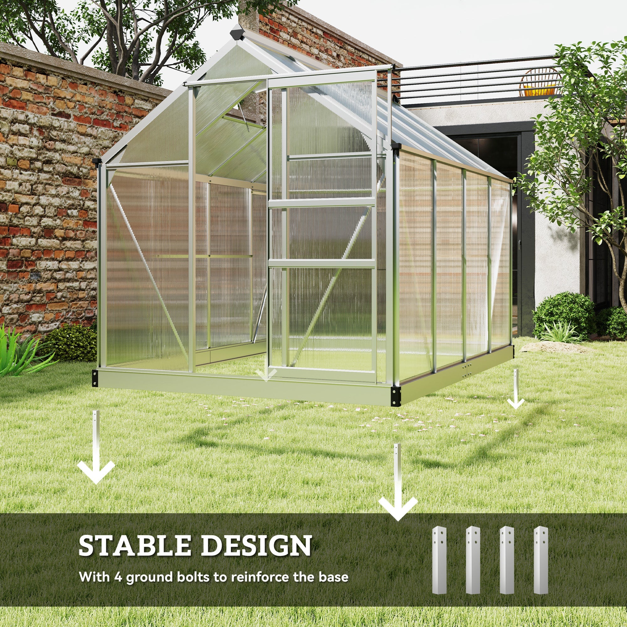 Outsunny 6' x 8' x 6.6' Polycarbonate Greenhouse, Walk-In Green House Kit Garden, Plants Grow, Galvanized Sheet Aluminum Frame with Rain Gutter, Vent and Sliding Door, Silver 