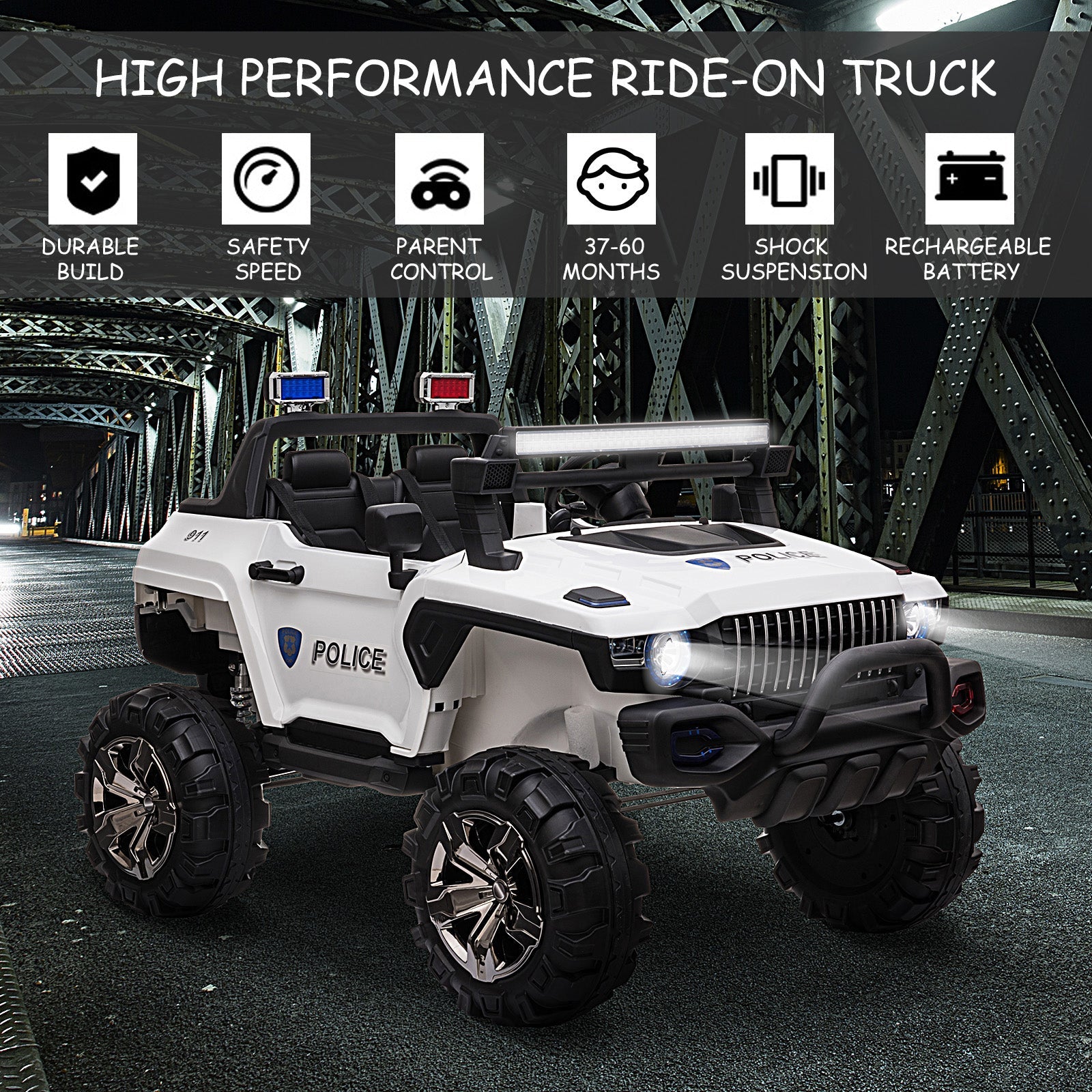 Aosom 12V Kids Police Truck Ride-On Car RC 2-Seater with LED Lights MP3 Parental Remote Control White 