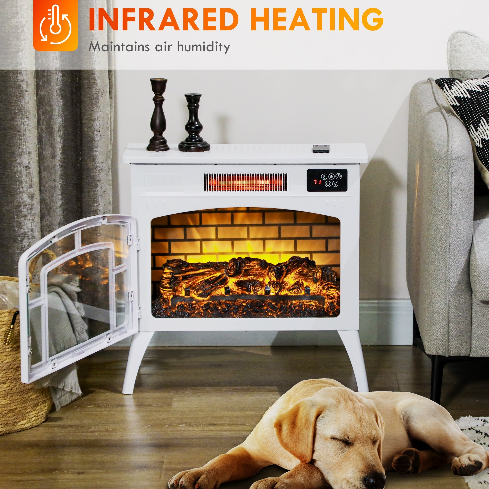 HOMCOM Electric Fireplace Stove, Infrared Fireplace Heater with Realistic Flame, Adjustable Temperature, 1500W, White 