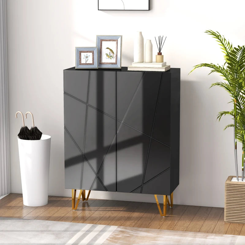Narrow Shoe Storage Cabinet with Soft-Close Hinges and Adjustable Shelves for 15-20 Pairs of Shoes, High Gloss Black