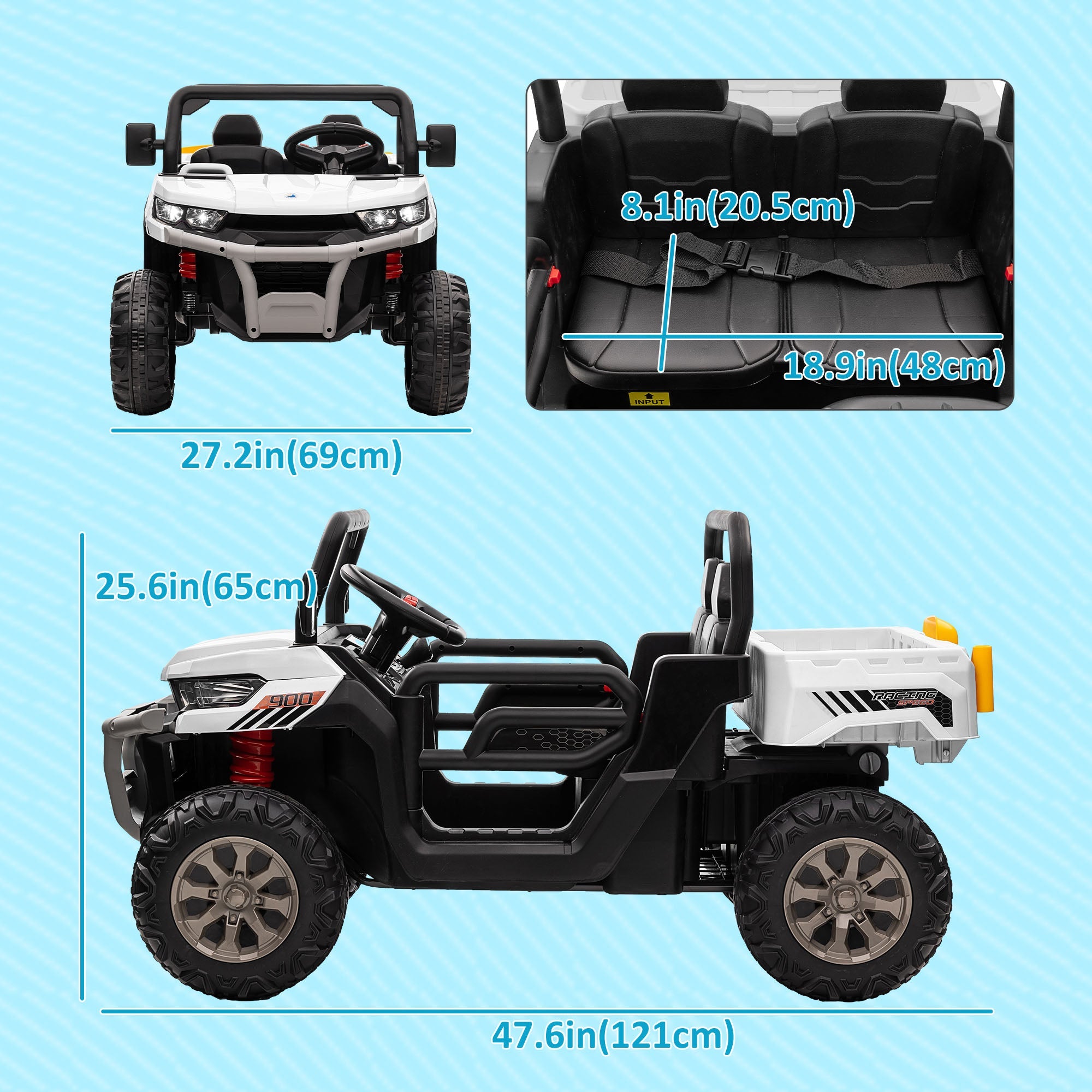 Aosom 12V Ride-On Car 2-Seater Electric Bucket Shovel Remote Control Spring Suspension Horn Music White 