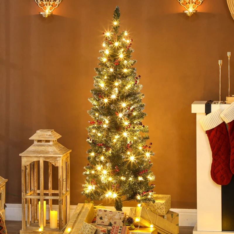 HOMCOM 5FT Prelit Pencil Christmas Tree with LED Lights, Slim Silver Glitter Xmas Tree with Dense Branches & 8 Lighting Modes 