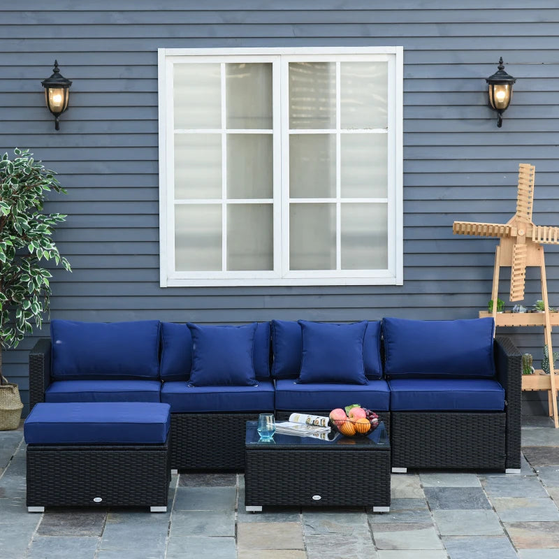 Outsunny 6 Pieces Outdoor PE Rattan Wicker Patio Furniture Sofa Set with Thick Cushions, Deluxe Garden Sectional Couch with Glass Top Table, Black and Dark Blue