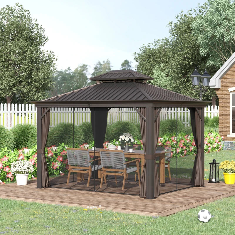 Outsunny 10' x 12' Outdoor Hardtop Gazebo with Galvanized Steel Canopy & Netting Sidewalls for Lawn, Backyard, Brown