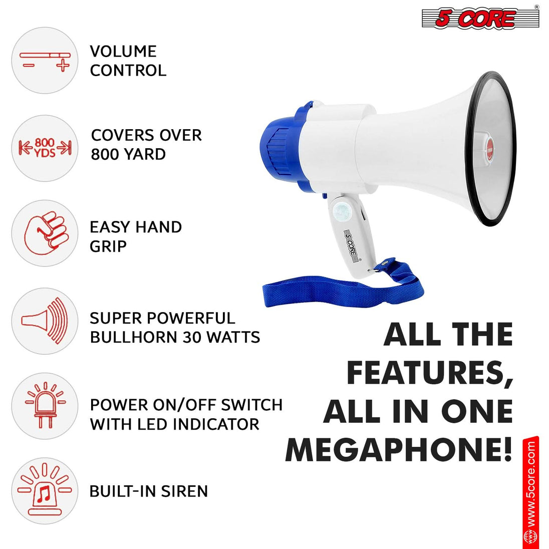 5Core Megaphone Bullhorn Speaker 30W Mini Bull Horn Battery Power Megafono 800 Feet USB