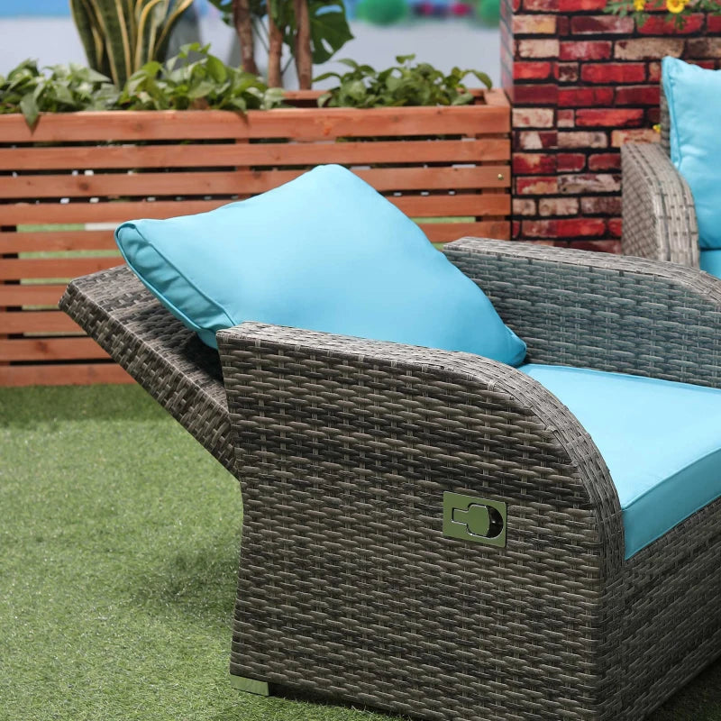 Outsunny 6 Pieces Patio Furniture Set, Conversation Set Wicker Sectional Set Cushioned Outdoor Rattan 3-Seat Sofa, 2 Adjustable Recliners, 2 Footstools & Table Set for Lawn Garden Backyard, Sky Blue