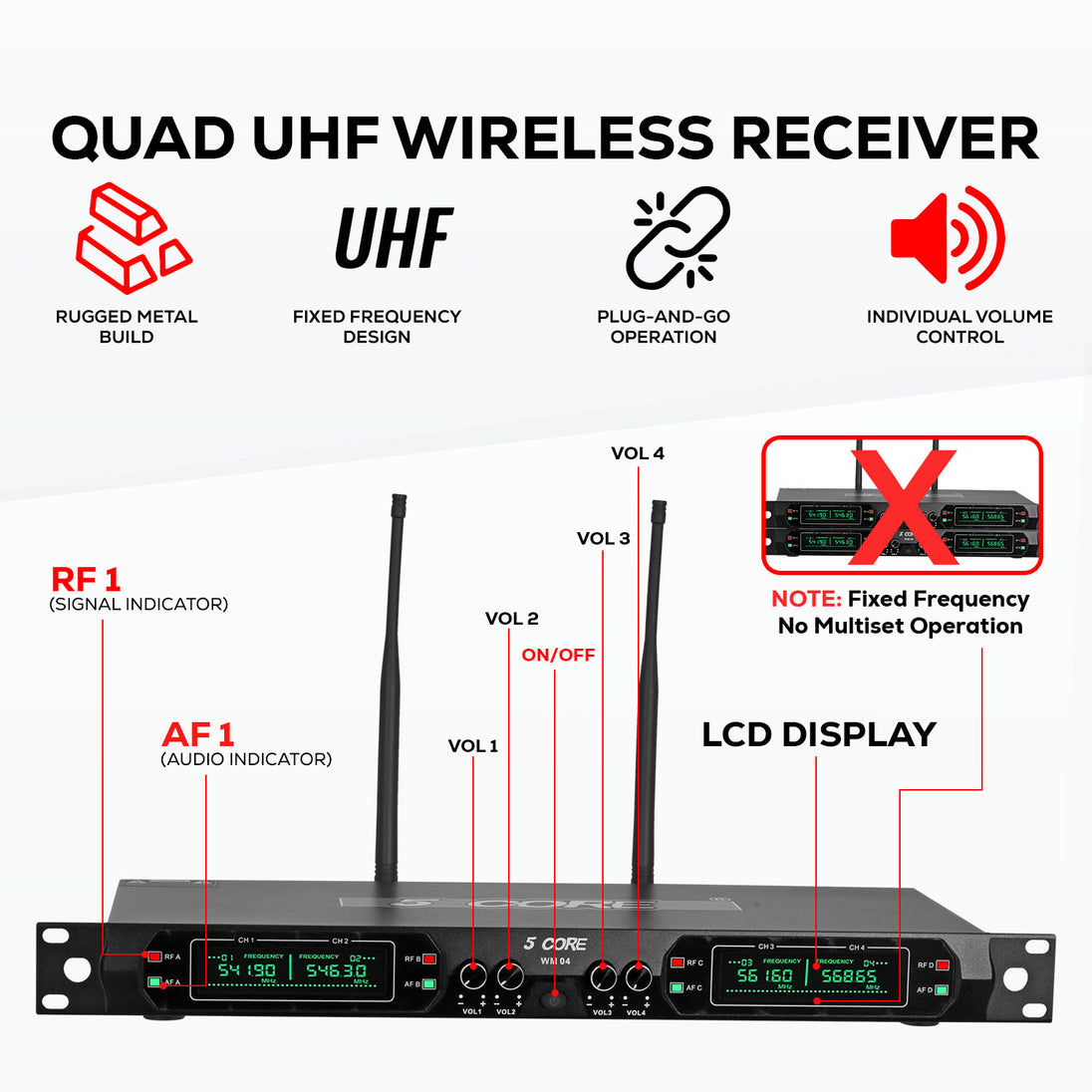 5 Core Wireless Microphone System 4 Channel UHF 492F Range Portable Receiver w Cordless Mic