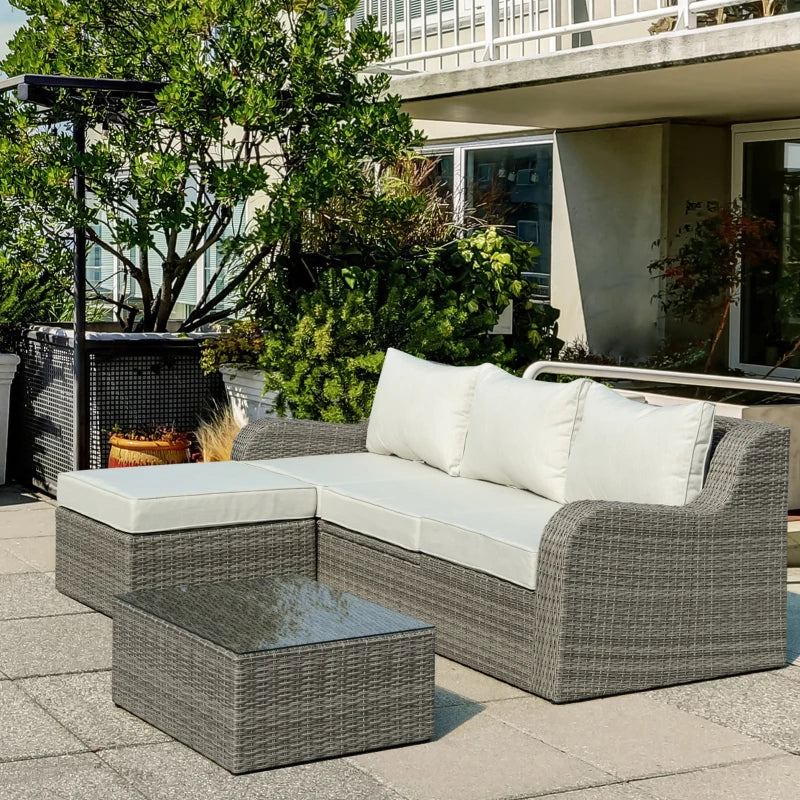 Outsunny 3 Pieces Wicker Patio Furniture Set with Liftable Middle Table, Aluminum Frame Full Assemblied Outdoor Sectional Conversation Sofa Set with 4" Thick Padded Cushions, Beige