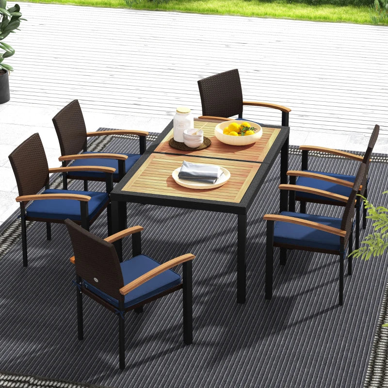 Outsunny Outdoor Dining Set 7 Pcs Space-Saving PE Rattan Patio Table and Chairs w/ Acacia Wood Table Top Soft Cushions, Black