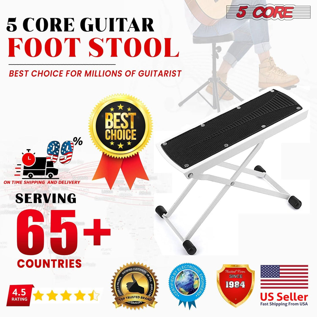 5Core Guitar Foot Stool Height Adjustable Folding Leg Rest Classical Footrest