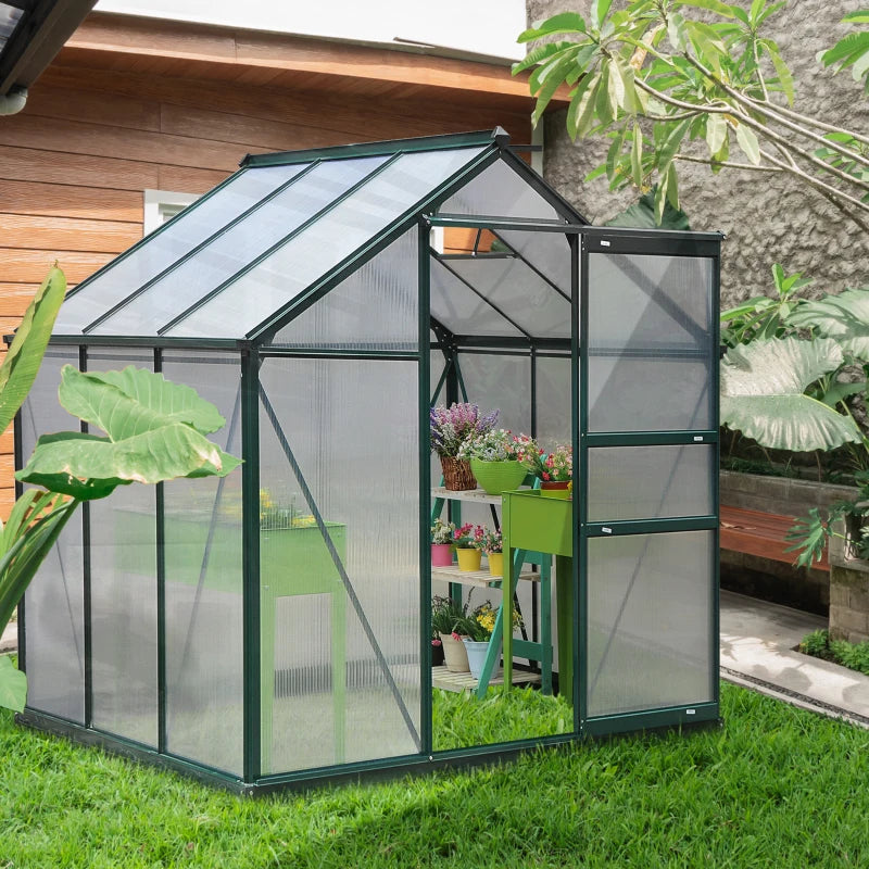 Outsunny 6.2' x 6.3' x 6.6' Clear Polycarbonate Greenhouse, Large Walk-In Green House Garden, Plants Grow, Galvanized Sheet Frame w/ Slide Door