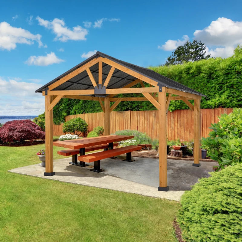 Outsunny 11' x 13' Wooden Gazebo Canopy Outdoor Sun Shade Shelter w/ Steel Roof, Solid Wood, Black & Natural