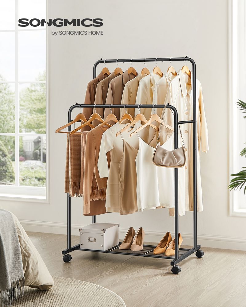 SONGMICS Clothes Rack with Wheels and Dense Mesh Storage Shelf 