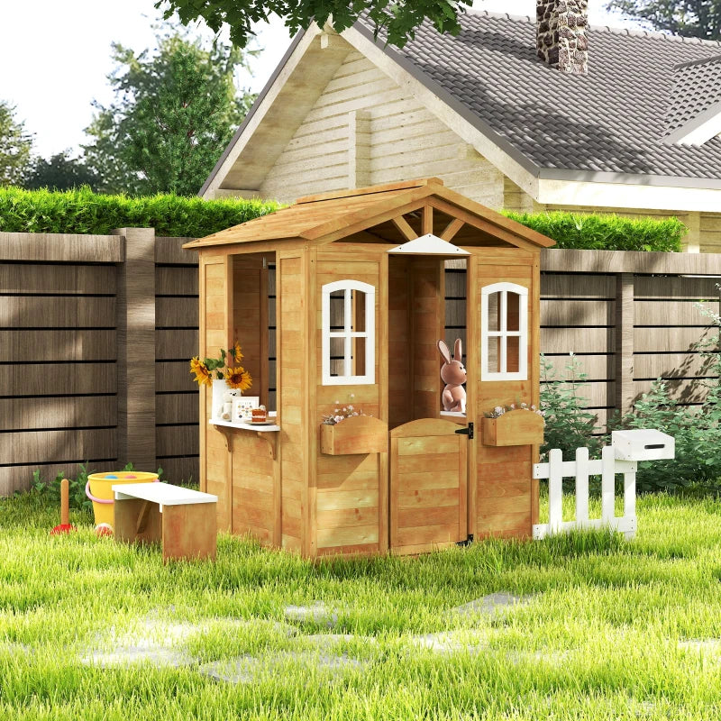 Outsunny Wooden Kids Playhouse – Yellow with Door, Windows, Mailbox, Flower Pot Holder & Serving Station Bench 