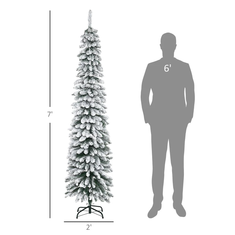 HOMCOM 7ft Snow-Flocked Artificial Christmas Tree – Slim Pencil Design, 490 Realistic Branches, Metal Base, Green 
