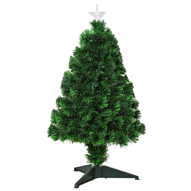 HOMCOM 2.5FT Prelit Artificial Tabletop Christmas Tree with Fibre Optics Holiday Home Xmas Decoration for Table and Desk Geen 