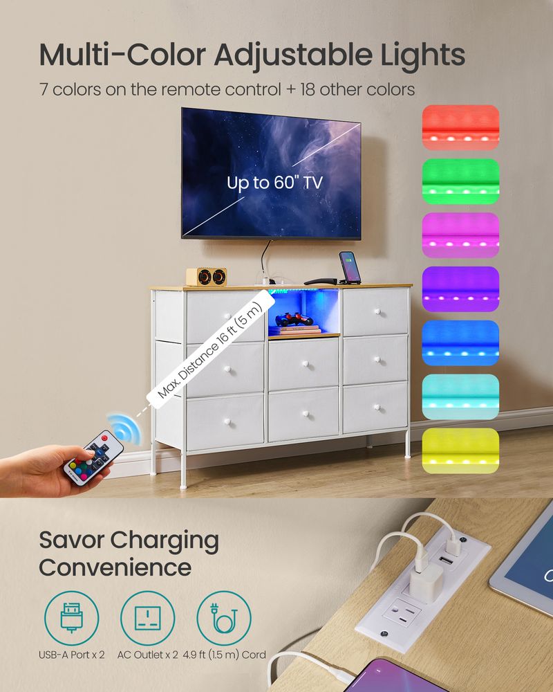 SONGMICS Fabric Dresser with Power Outlets and LED Lights 
