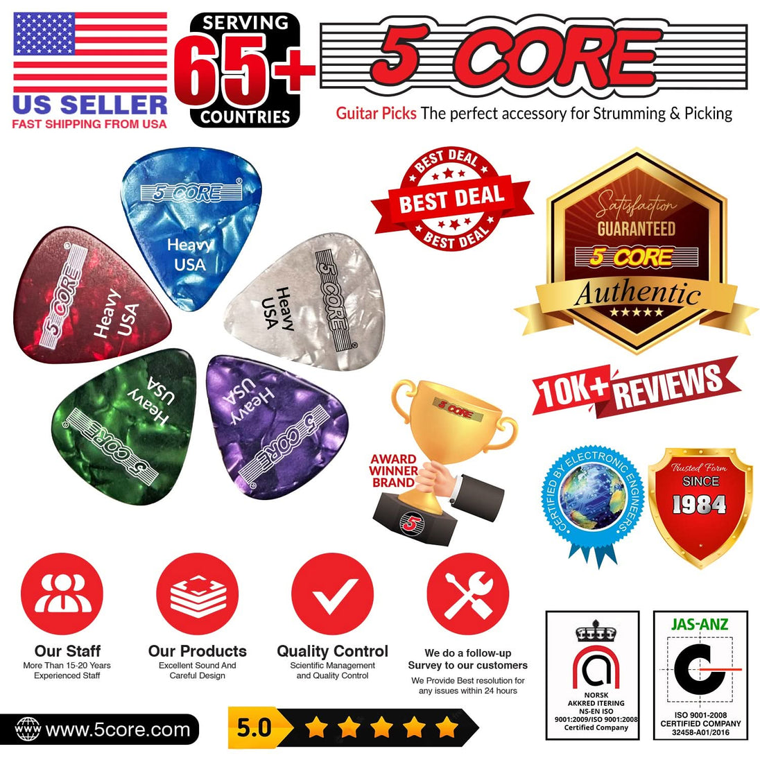 5Core Guitar Picks 0.96mm Celluloid Heavy Gauge Pick - Acoustic Electric Bass Guitars WHITE