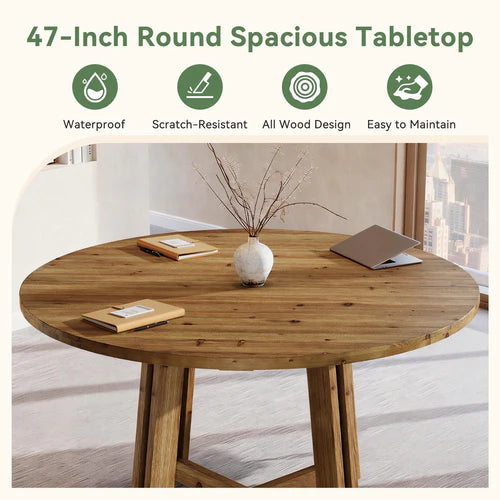Conference Table 47" Solid Wood Round Meeting Table with Thickened Tabletop and Cross Base Design Brown