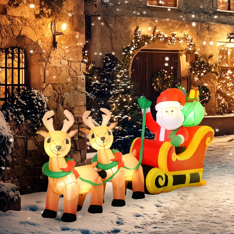 HOMCOM 4.5FT Inflatable Christmas Decoration with Santa Sleigh & 3 Reindeer, Outdoor Blow Up with LED Lights 