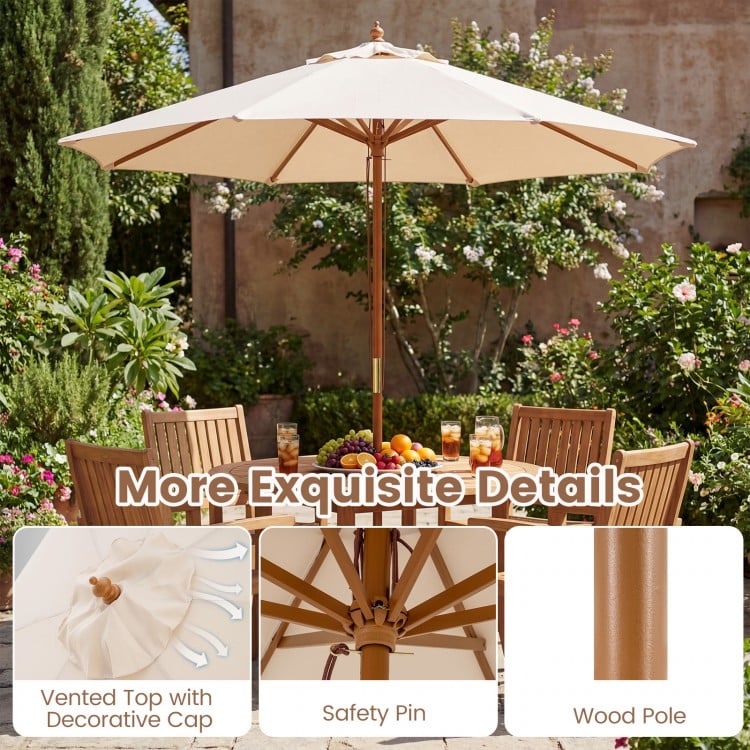 9 FT Patio Umbrella Outdoor Table Market Umbrella with 8 Sturdy Bamboo Ribs-Beige