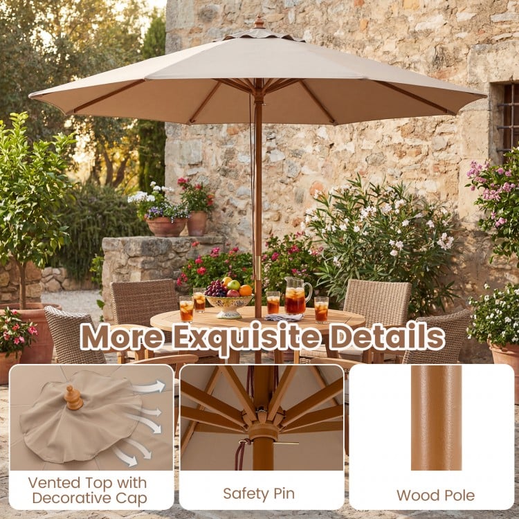 9 FT Patio Umbrella Outdoor Table Market Umbrella with 8 Sturdy Bamboo Ribs-Brown